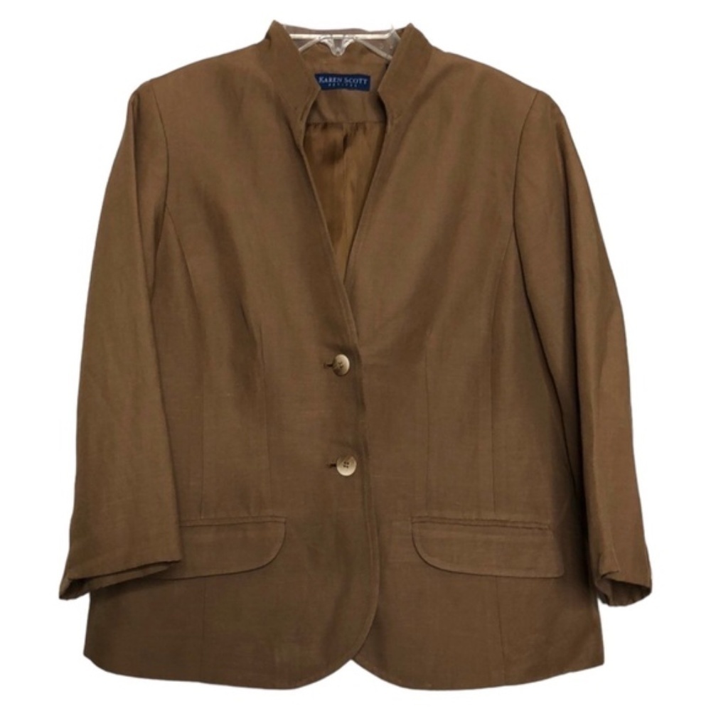 NEW KAREN SCOTT Petites Linen & Cotton Mocha Brown Button Front Blazer Size 10P